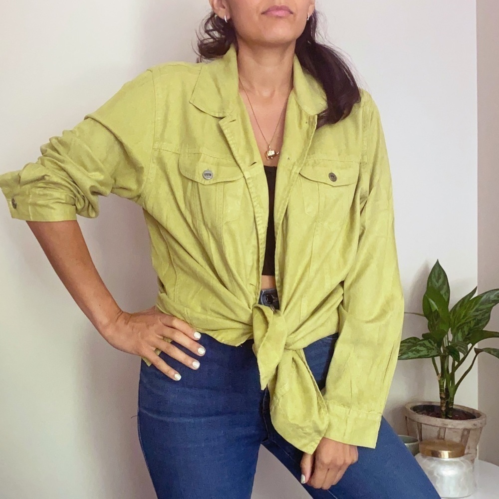 Vintage Faux Suede Button Down Shirt Lime Green